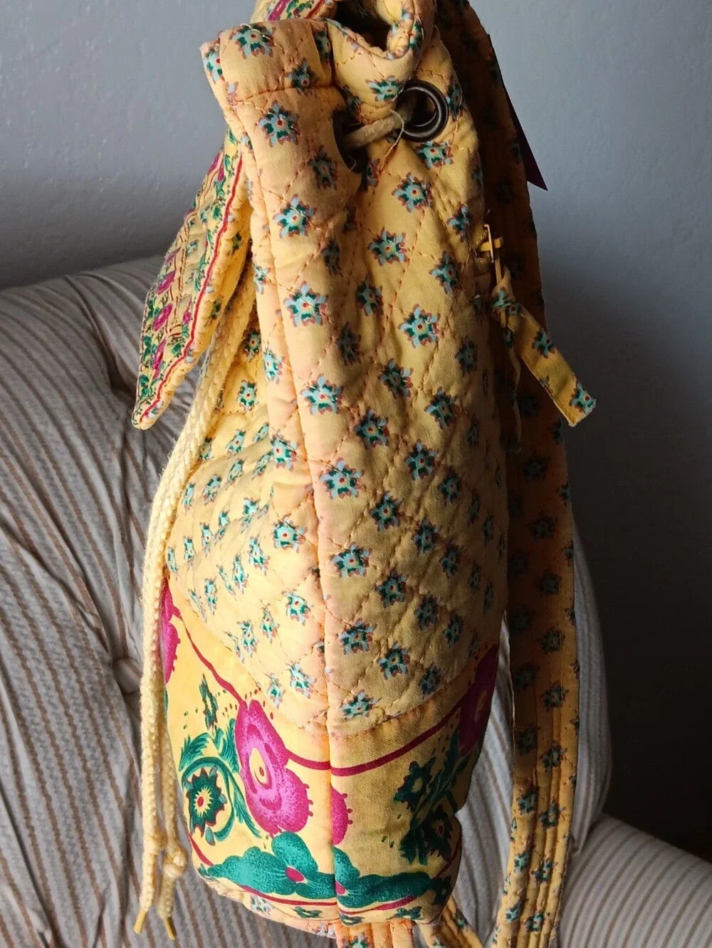 Vintage Yellow Quilted Floral Drawstring Backpack with Pink Accents